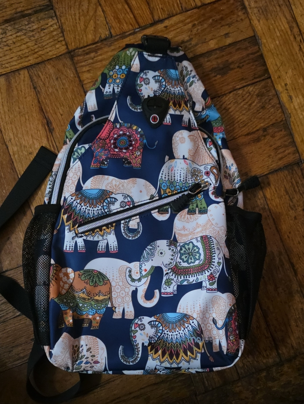 Navy Elephant Print Sling Backpack and Pink Elephant Print Sling Backpack
